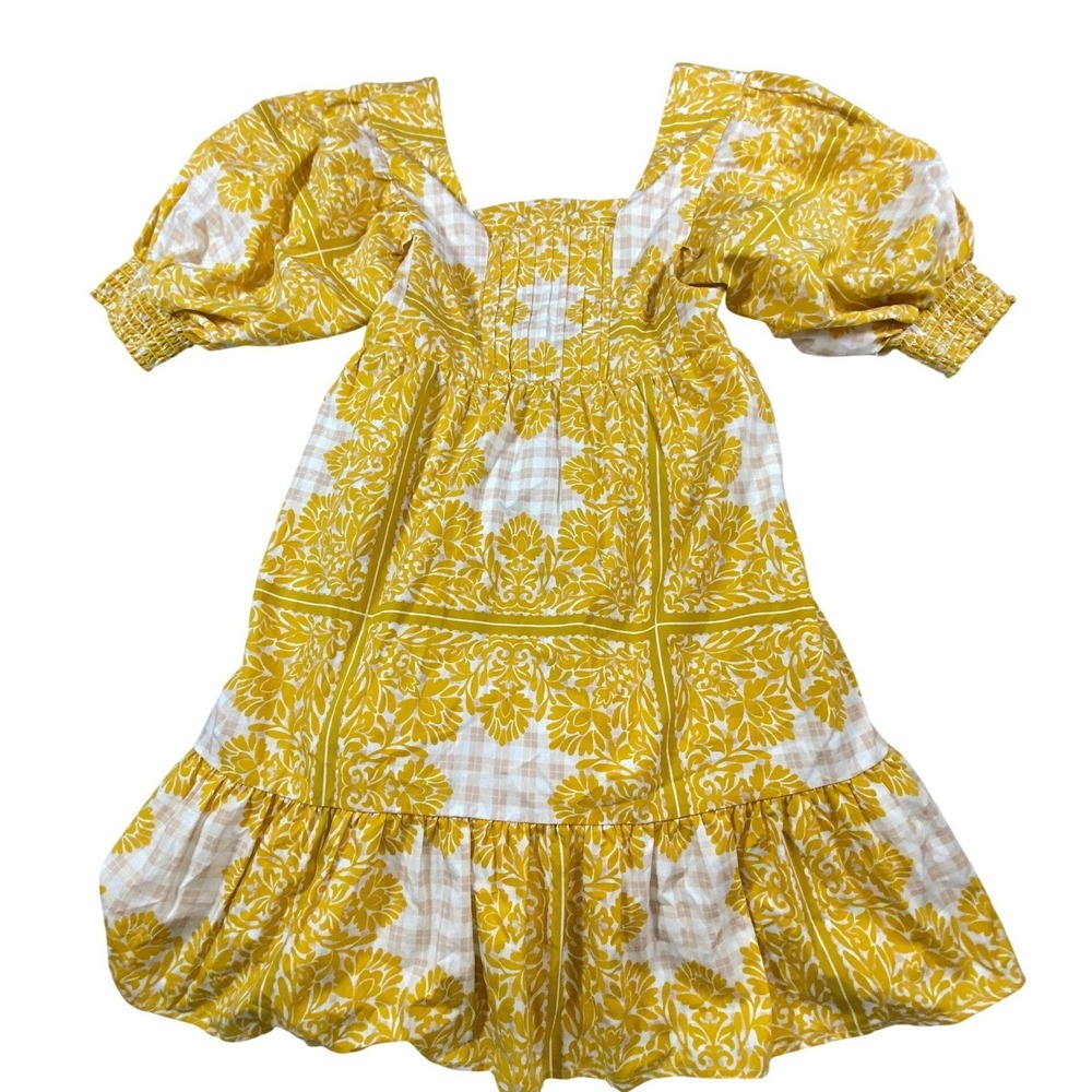 Du Paradis Yellow Damask‎ Floral Cotton Puff Sleeve Mini Dress DP05423-01 Medium
